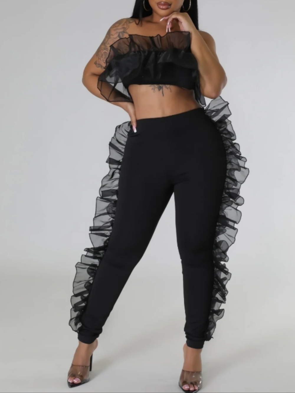 Ruffled Side-Trim Black Stretch Pants